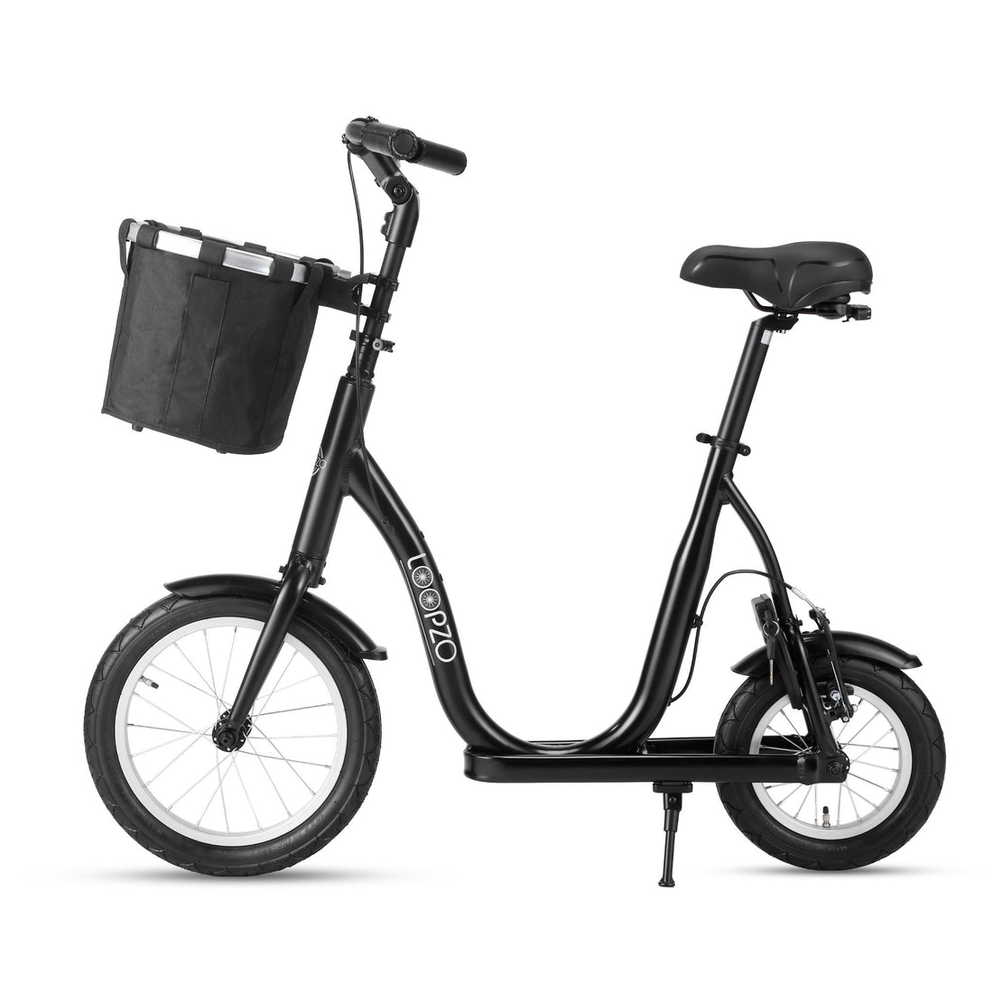 loopfiets volwassenen luxe Loopzo met mand en ringslot in zwart met een comfortabel zadel en praktische mand.